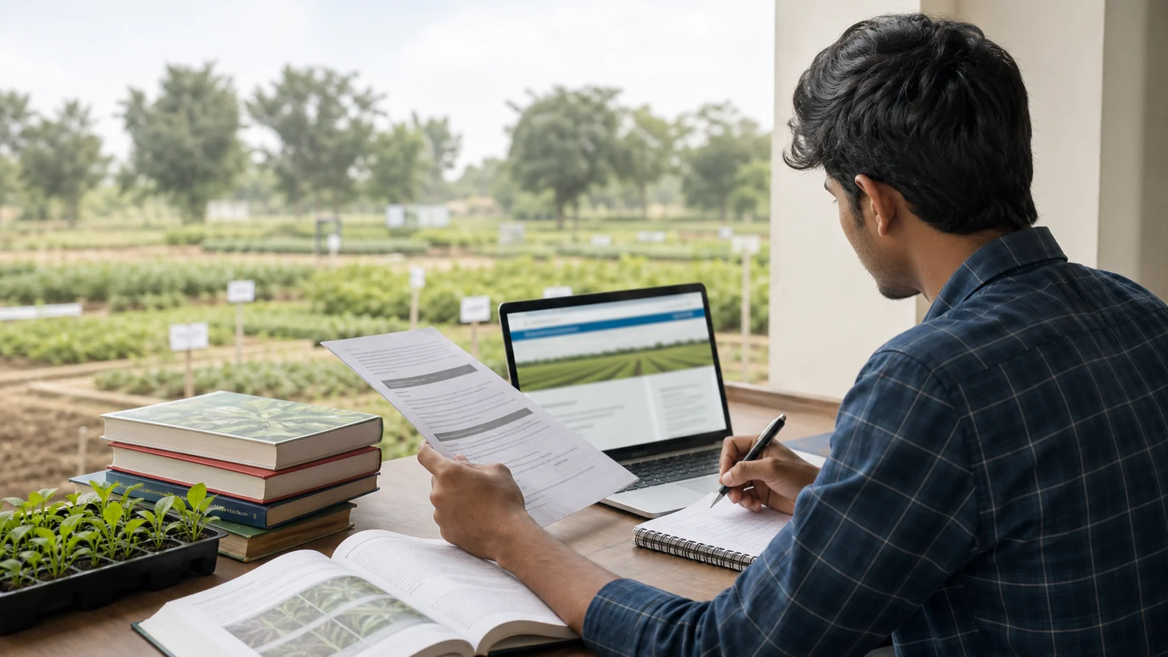 AI से बनाई गई वैचारिक संपादकीय तस्वीर: कृषि छात्र किताबों और पौधों के पास छपे छात्रवृत्ति दिशानिर्देश को आधिकारिक पोर्टल से मिला रहा है
