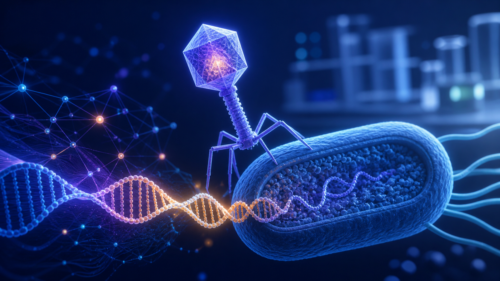 Editorial scientific illustration of a bacteriophage, a bacterial cell and an AI-inspired genome network.