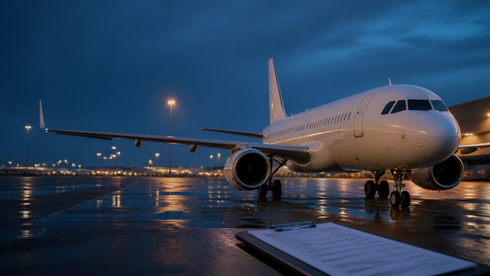 AI-generated conceptual editorial image of an unbranded passenger aircraft parked safely at dusk beside an abstract investigation clipboard