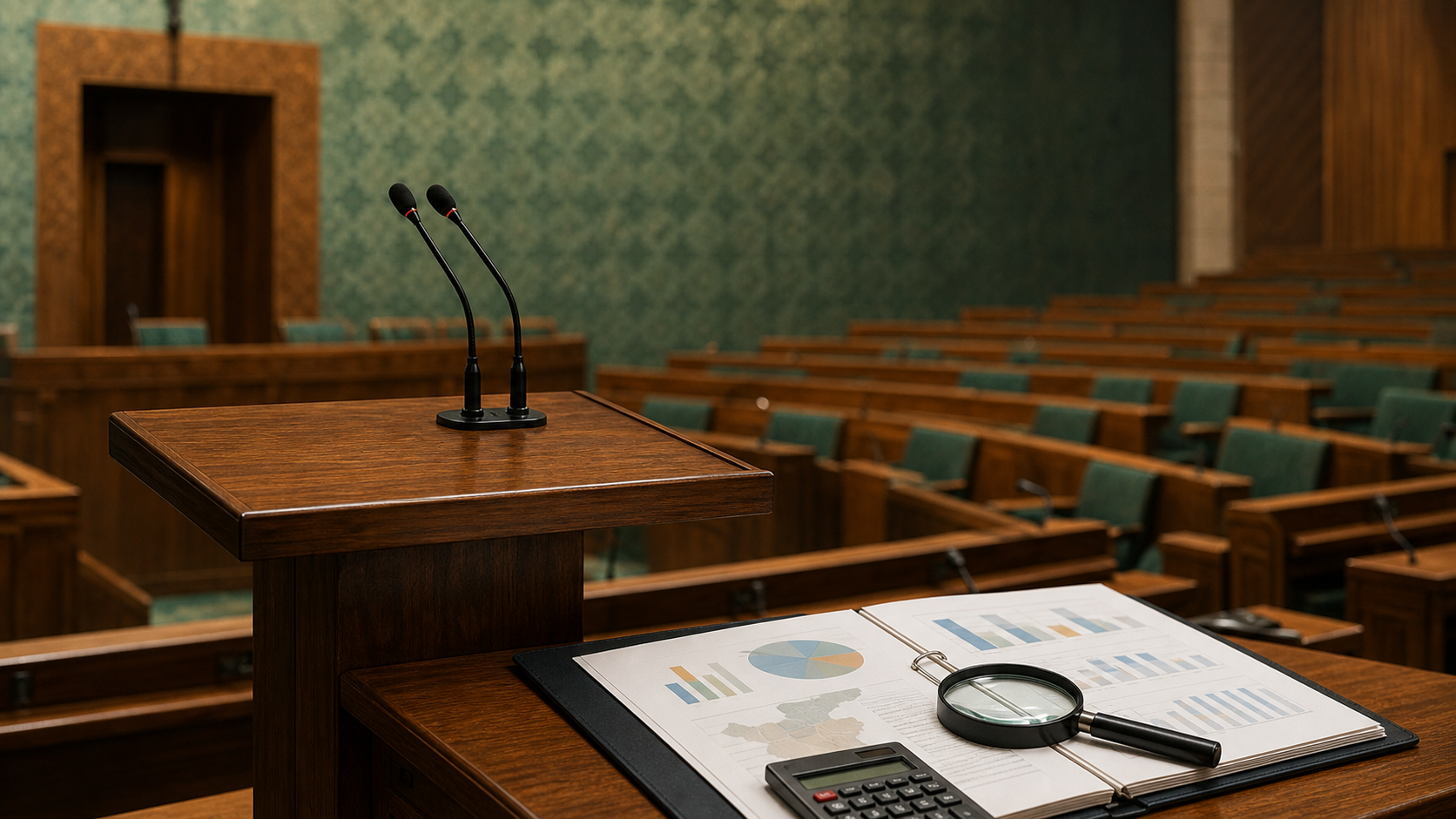 AI-generated conceptual editorial scene of an empty parliamentary lectern beside charts, a calculator and magnifying glass used to review a political speech