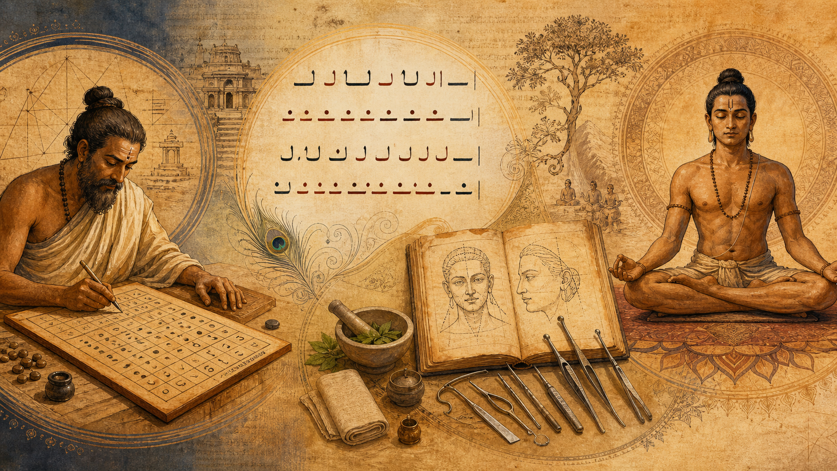 Editorial illustration connecting ancient Indian place-value mathematics, Sanskrit poetic patterns, reconstructive medicine and yoga.