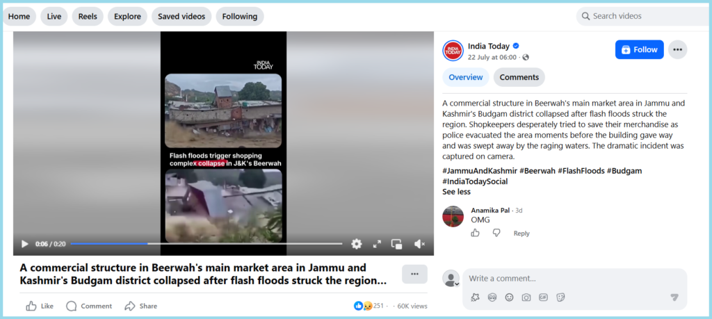 Screenshot of an India Today Facebook post showing the real collapse of a shopping complex in Beerwah, Budgam, Jammu and Kashmir on July 21