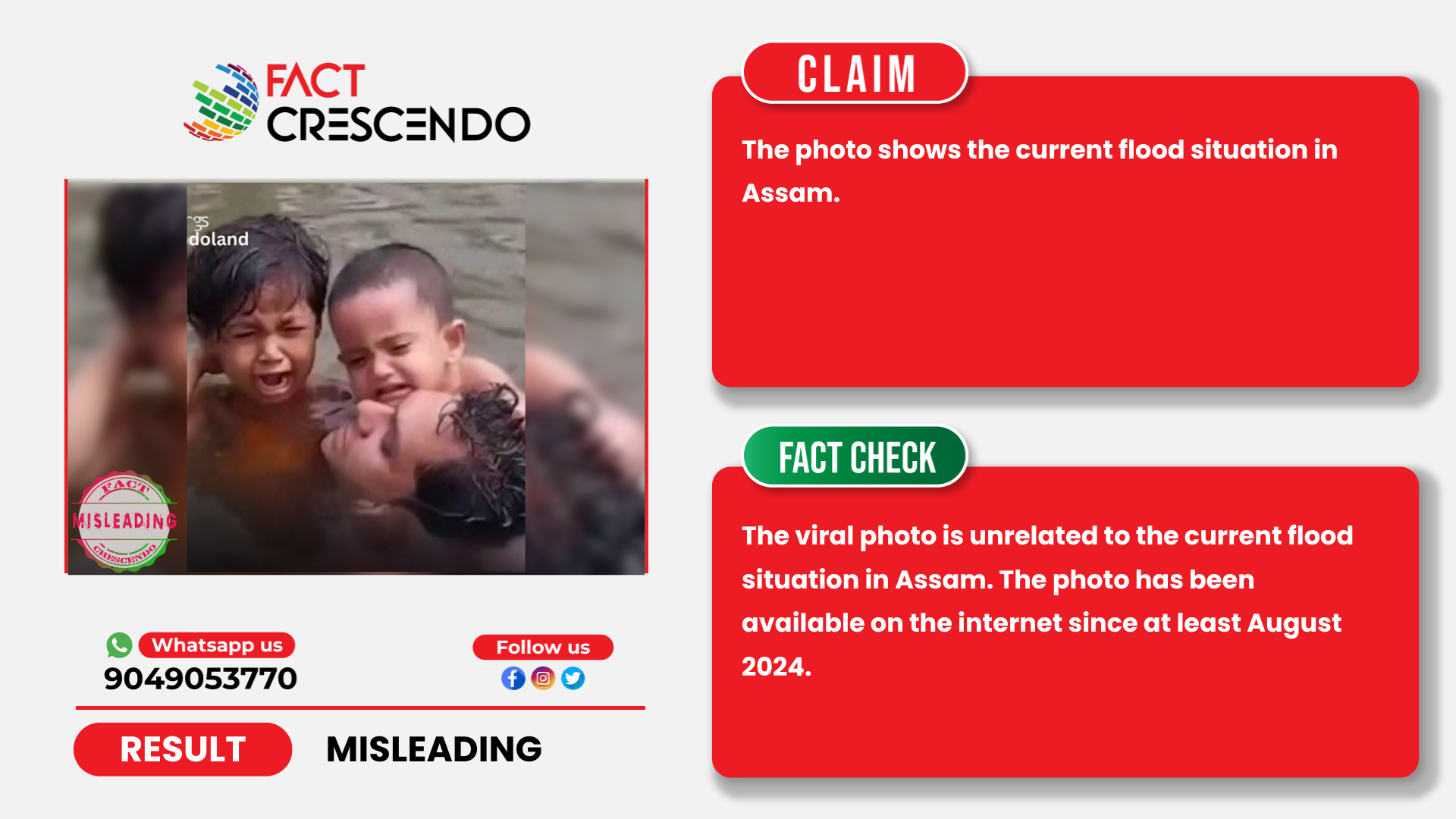 Fact Crescendo fact-check graphic showing the viral photo of a man carrying two children through neck-deep water, rated Misleading