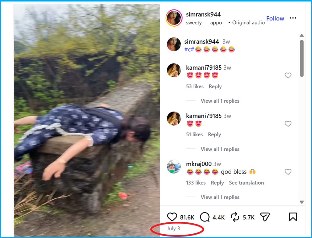Screenshot of the Instagram post by creator Simran SK (@simransk944), dated July 3, showing the staged scene later falsely shared as Assam flood deaths