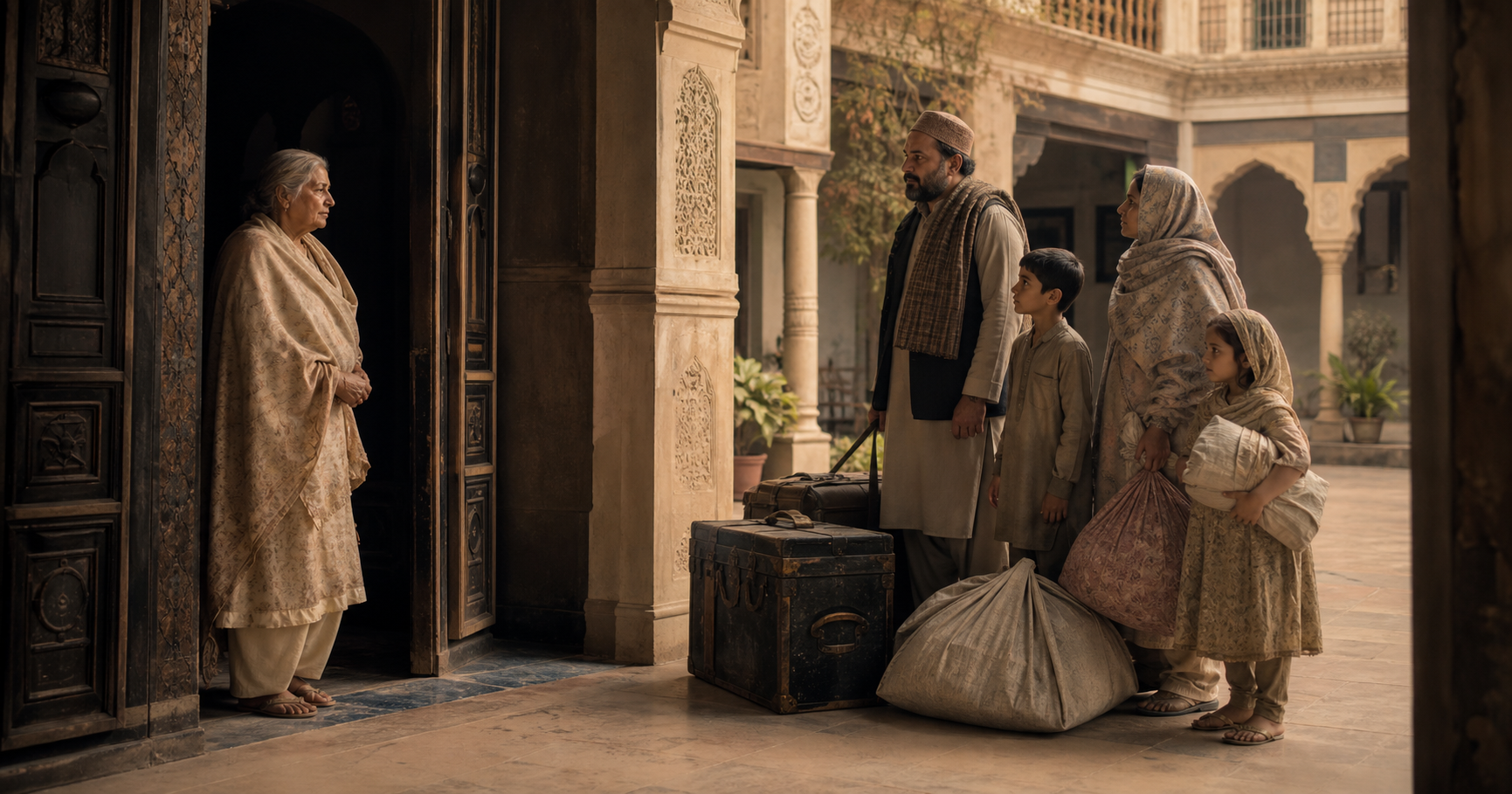 Editorial reconstruction of an elderly Hindu woman meeting a displaced Muslim family arriving at a Lahore haveli in late 1947