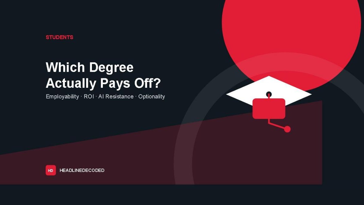 Editorial cover graphic titled 'Which Degree Actually Pays Off?' with a ranked bar-chart motif, for HeadlineDecoded's Students section.