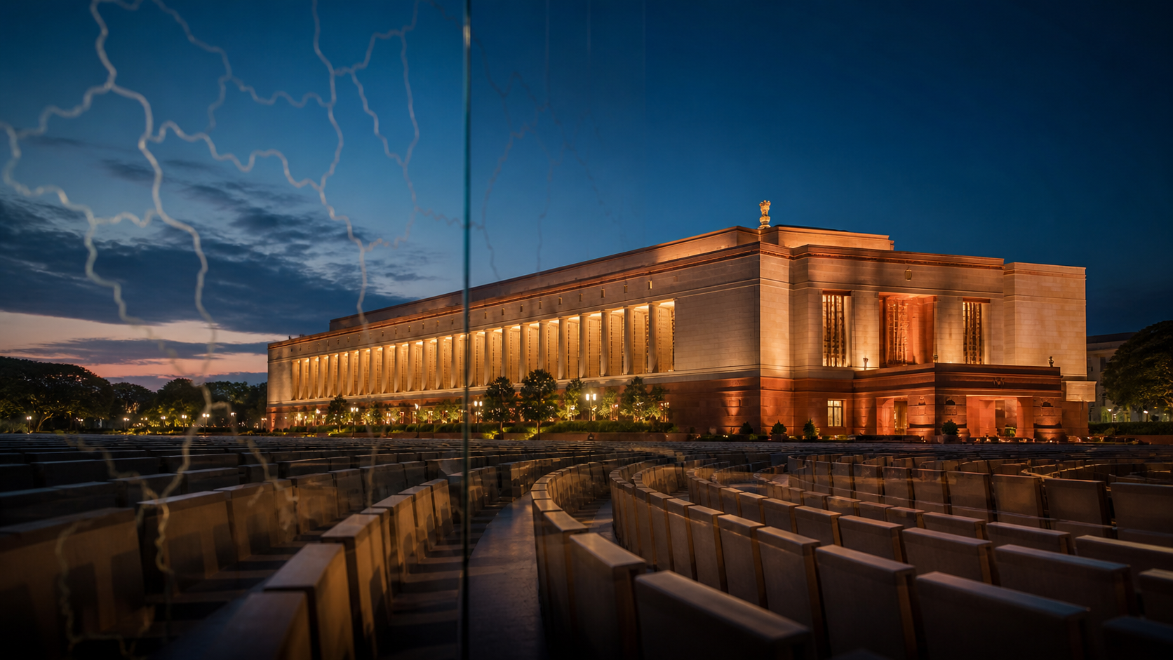 India's new Parliament building at blue hour behind expanding rows of seats and subtle constituency-boundary reflections