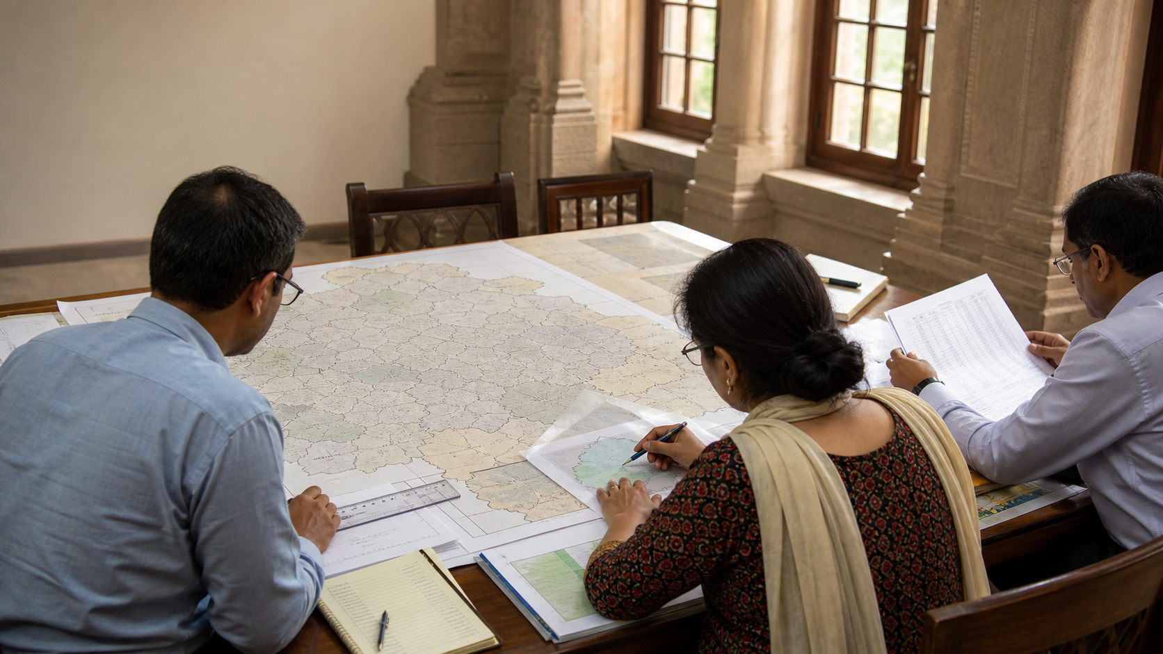 AI-generated conceptual editorial scene of anonymous Indian civic analysts reviewing abstract constituency boundaries and population tables