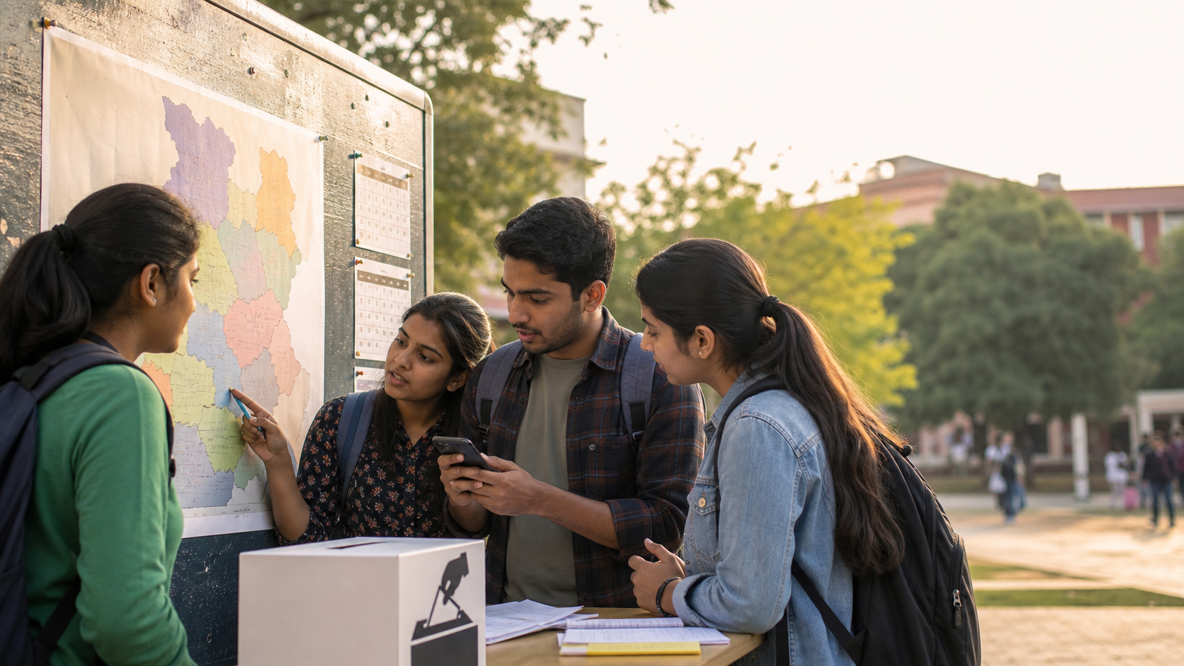 AI-generated editorial scene of Indian college students checking voter registration and discussing an abstract constituency map at a campus information desk