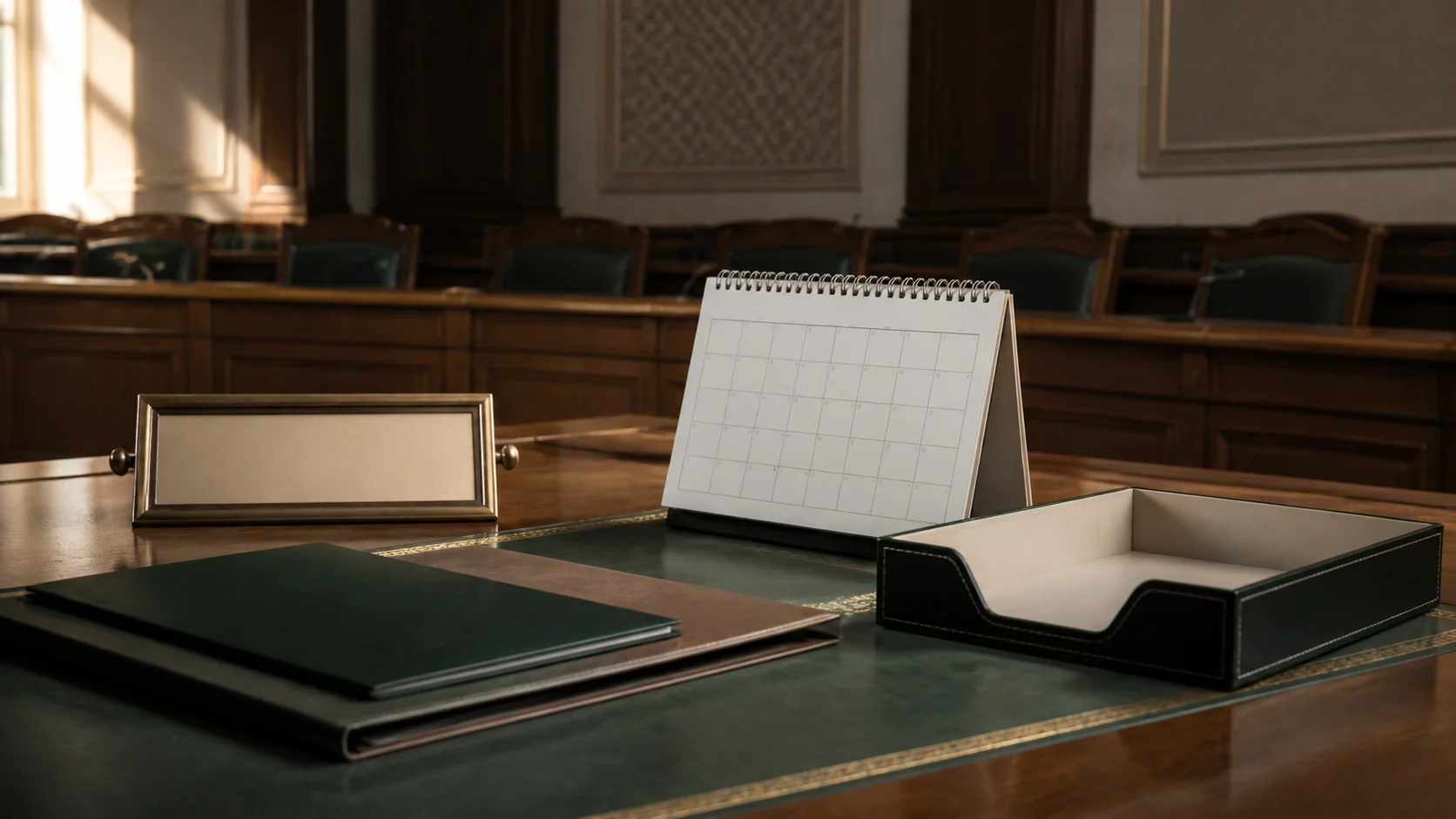 AI-generated conceptual editorial illustration of an empty parliamentary-style committee desk with a blank calendar and notification tray, representing the absence of an officially announced special-session date