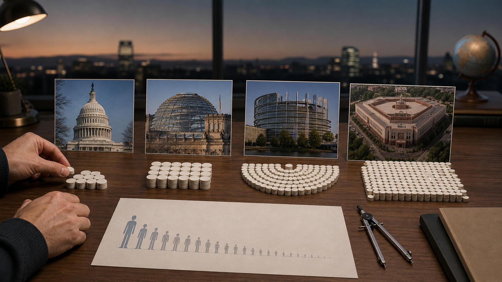 AI-generated editorial research desk comparing photo cards of the US Capitol, German Reichstag, European Parliament and India’s new Parliament with abstract seat tokens