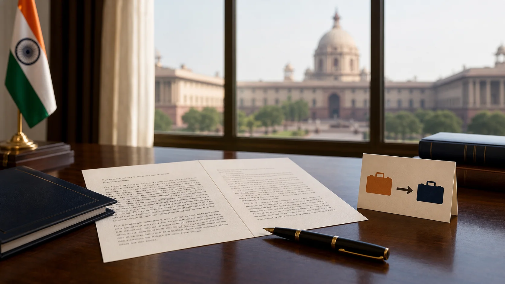 AI-निर्मित generic दो-पन्ने के इस्तीफे और portfolio handover का सरकारी desk दृश्य; असली document नहीं