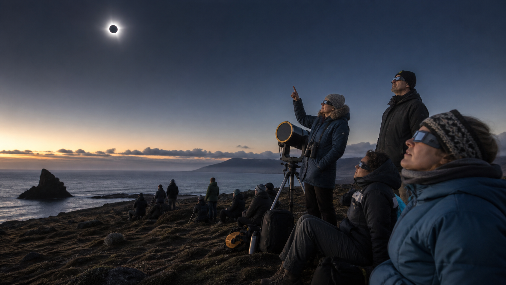 AI-generated conceptual editorial scene of eclipse observers using proper eye protection while people and equipment remain firmly grounded