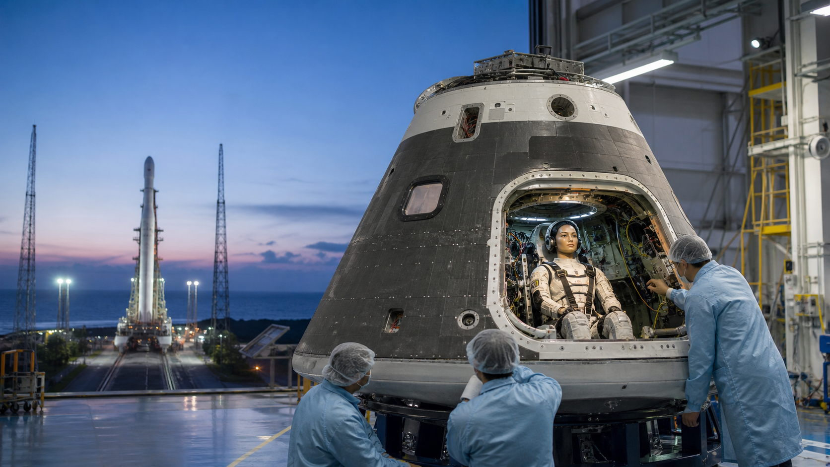 AI-generated conceptual editorial scene of engineers preparing an unbranded Gaganyaan-like crew module with a humanoid test robot before an uncrewed mission