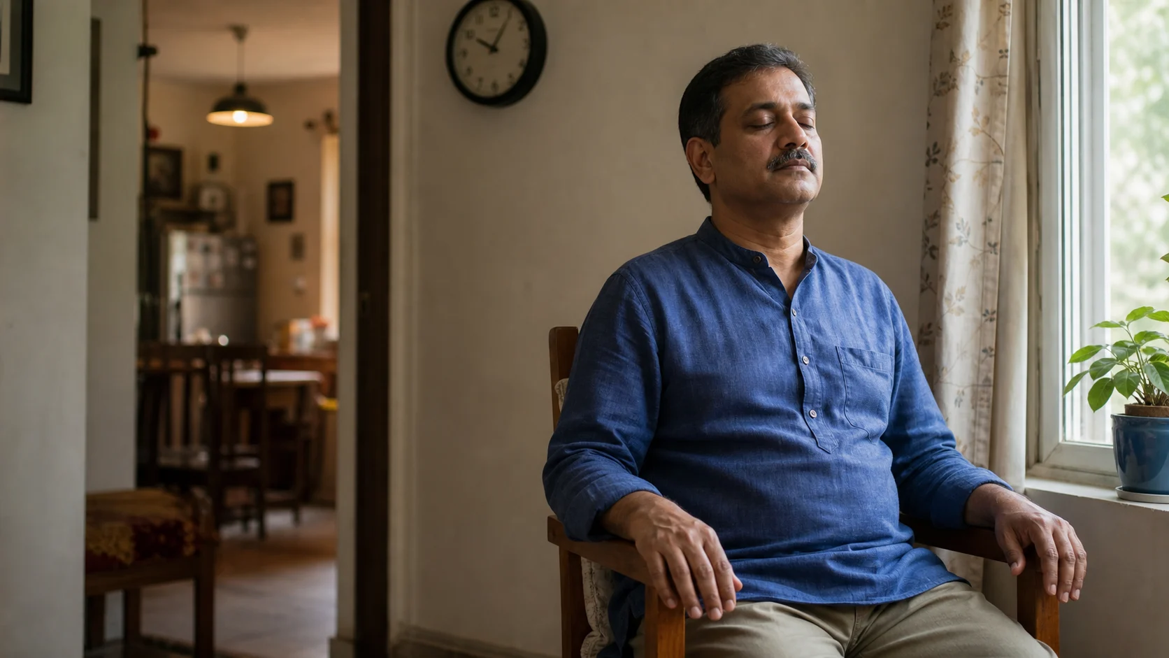 घर में खिड़की के पास आंखें बंद करके शांत बैठे एक अधेड़ भारतीय व्यक्ति, पीछे दीवार पर घड़ी दिखाई दे रही है