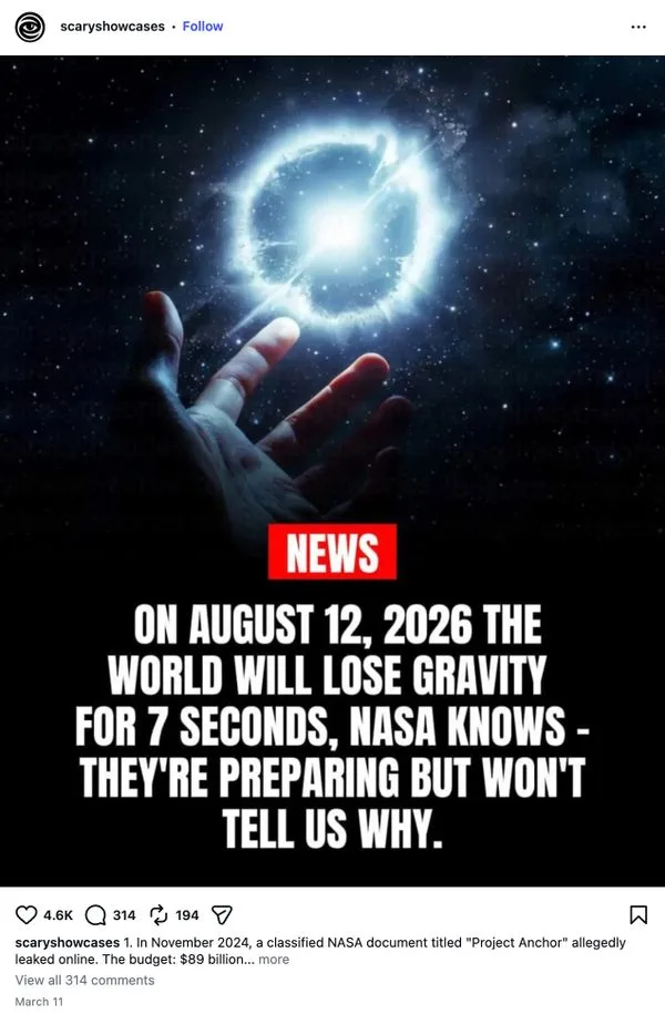 Screenshot of the actual viral Instagram post (account "scaryshowcases") making the false claim that Earth will lose gravity for seven seconds on August 12, 2026 because of a NASA programme called Project Anchor