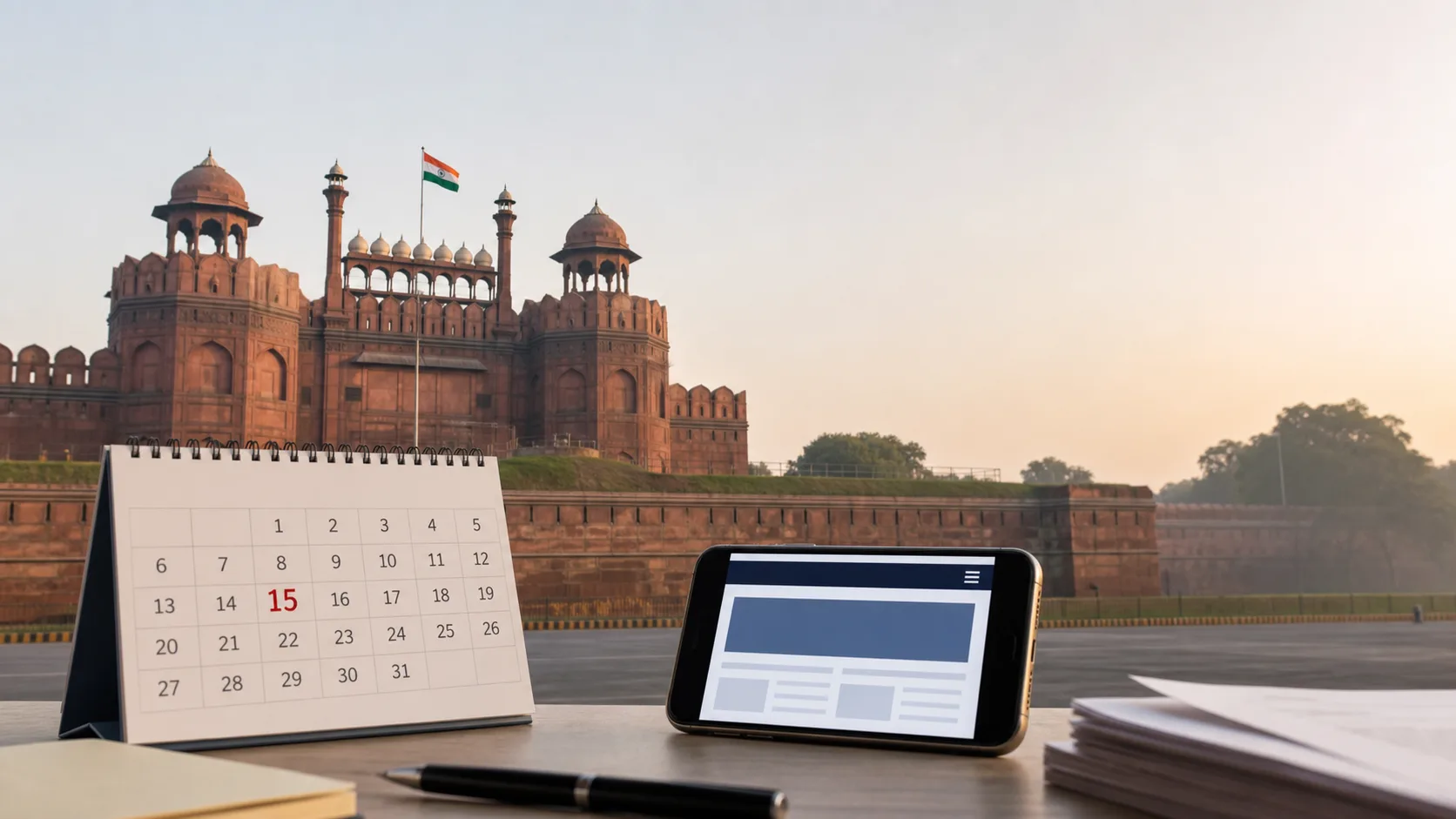 AI से बनी वैचारिक तस्वीर: लाल किला, 15 अगस्त का कैलेंडर और स्वतंत्रता दिवस 2026 से पहले सामान्य सरकारी सूचना स्क्रीन