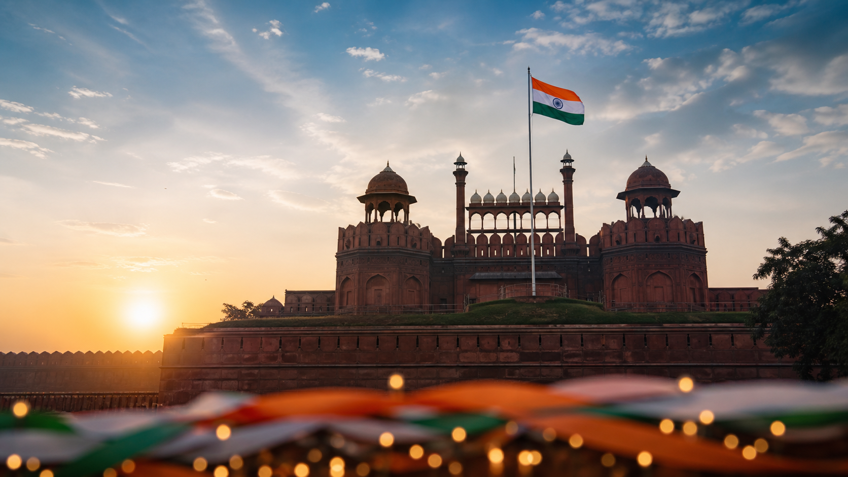The Indian national flag flying above the Red Fort at sunrise, marking India's Independence Day observance