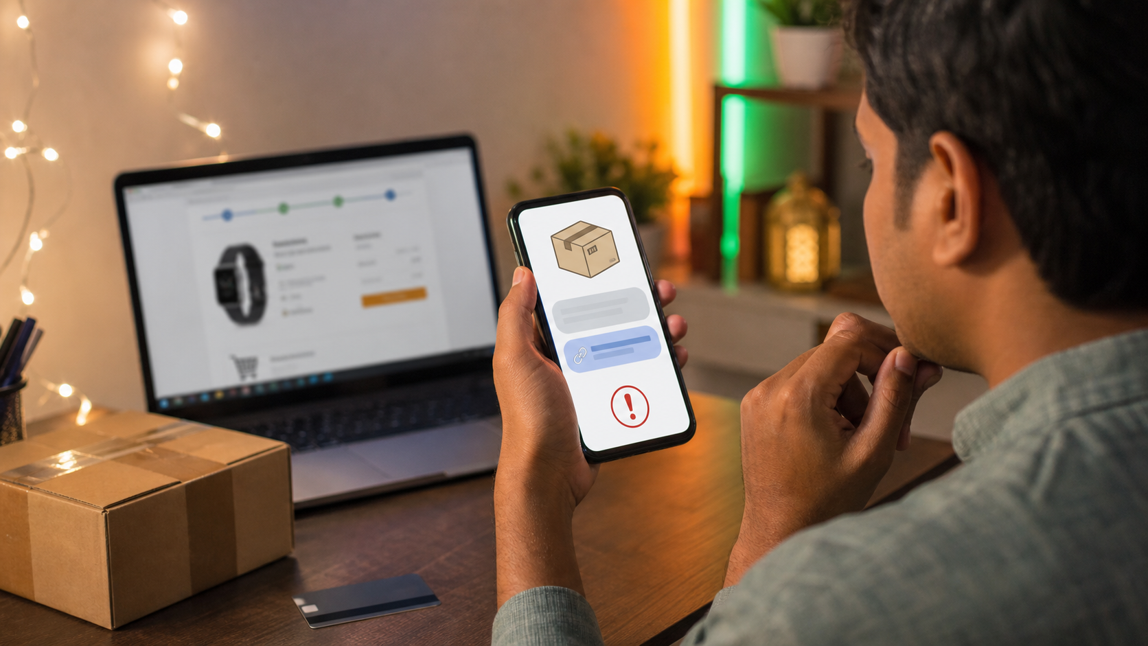 AI-generated conceptual editorial scene of an Indian shopper independently checking a suspicious parcel message before making a payment