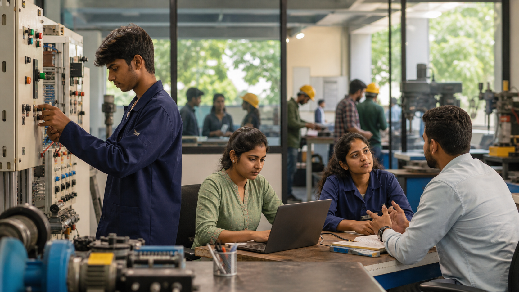 Young Indian trainees practising electrical, digital and workplace skills in a modern vocational workshop