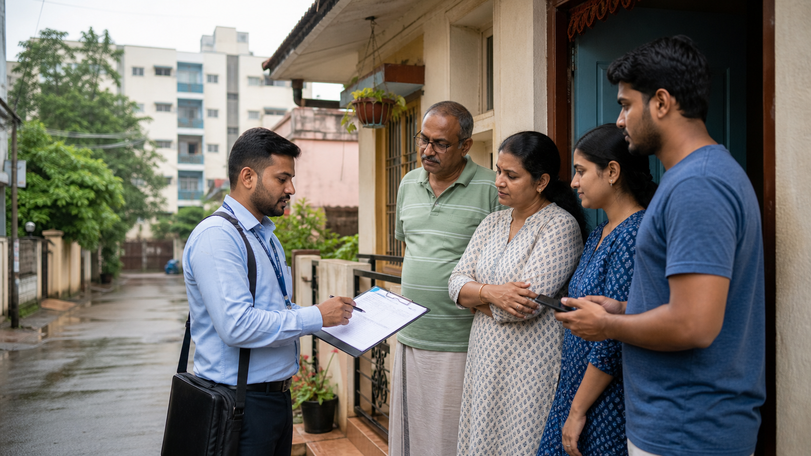 AI-generated editorial scene of a Booth Level Officer explaining an electoral-roll verification form to an adult Karnataka household on a residential street