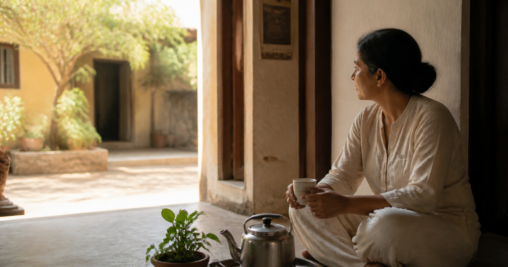 A woman sitting quietly with tea in a sunlit Indian courtyard, representing attentive awareness in ordinary life