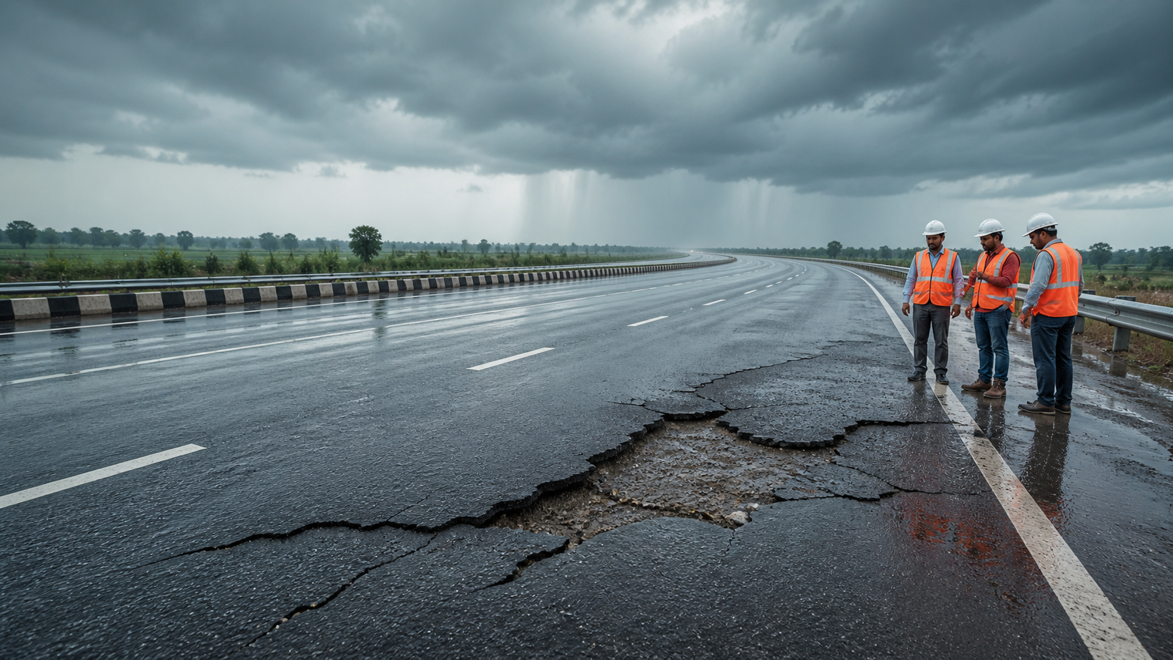 Editorial illustration of engineers inspecting localized surface damage on a rain-soaked expressway.