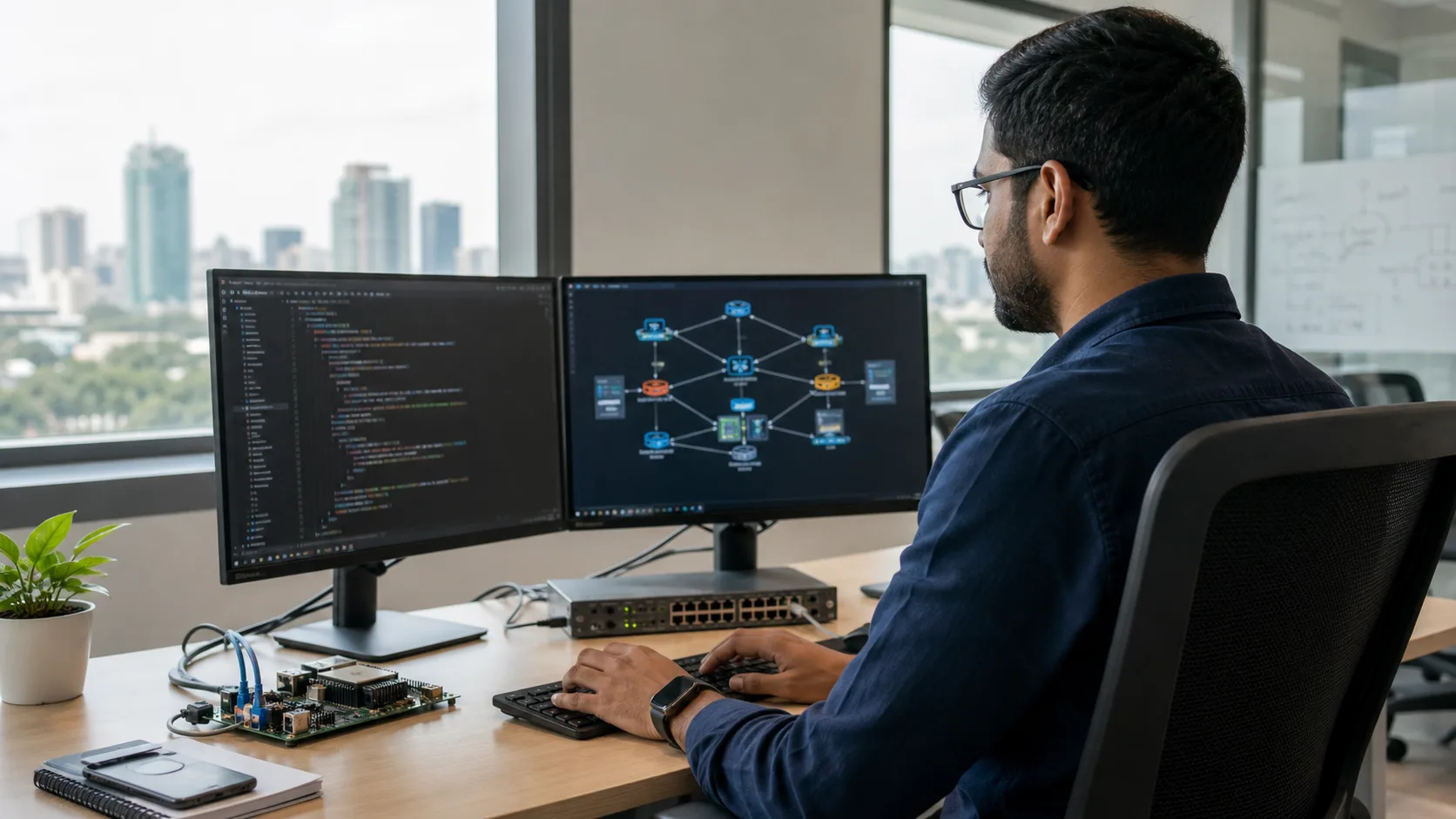 AI-generated conceptual illustration of a systems software engineer working with C++ code, network topology and development hardware in Bengaluru