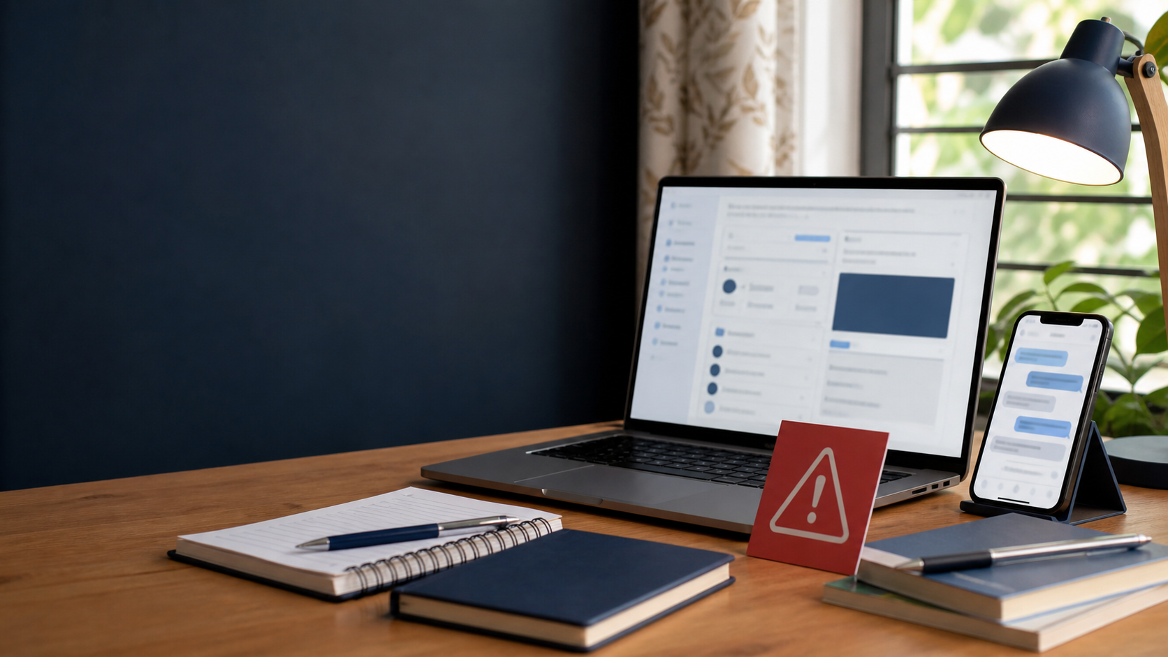 AI-generated conceptual editorial still life of a student desk with a laptop, phone and warning symbol representing independent verification of a suspicious education offer