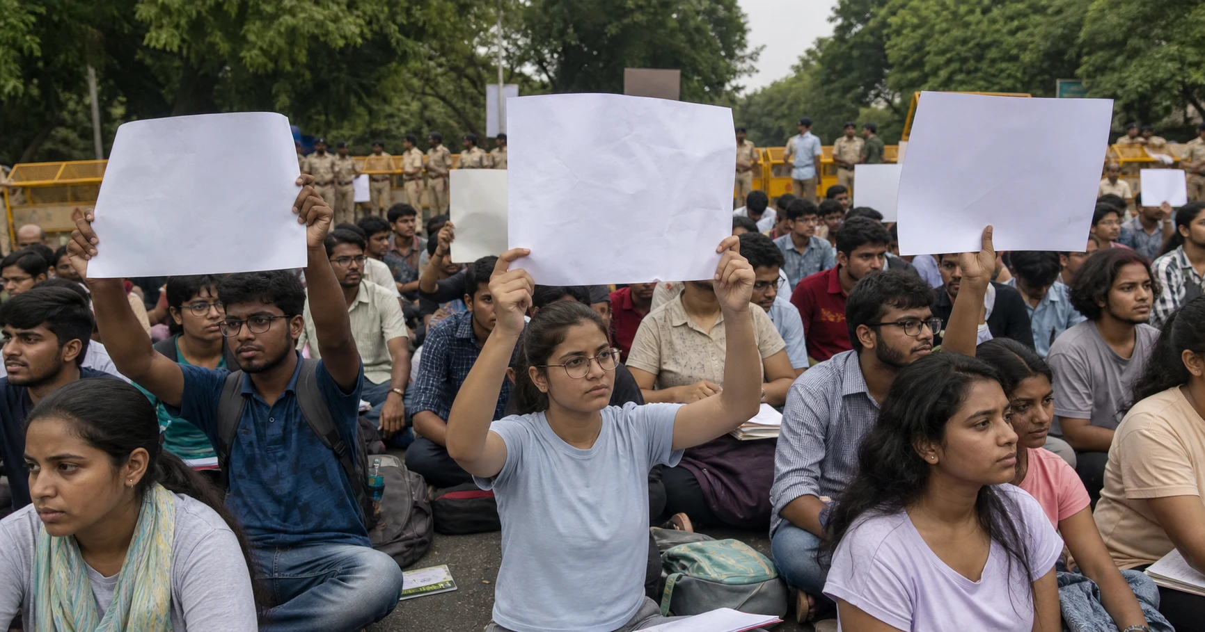 AI-generated editorial illustration of Indian medical entrance-exam students at a peaceful accountability protest