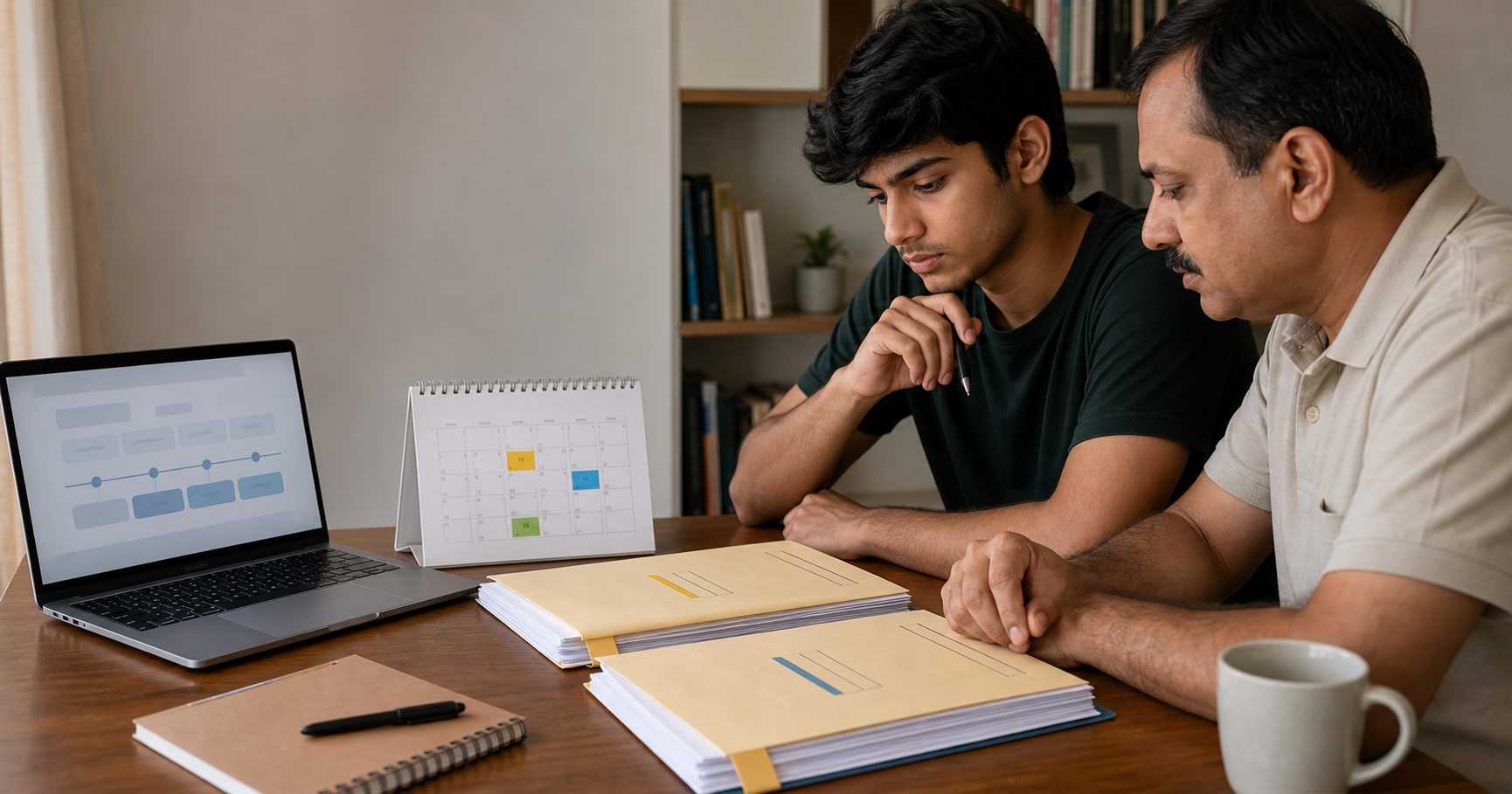 An Indian NEET aspirant and parent reviewing an evidence timeline and separate exam document folders at home