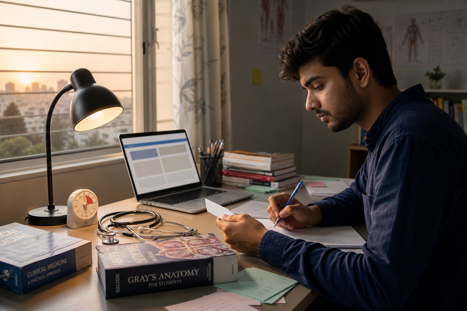Editorial illustration of an Indian medical graduate preparing for NEET PG with clinical textbooks, a stethoscope and a timed computer practice session