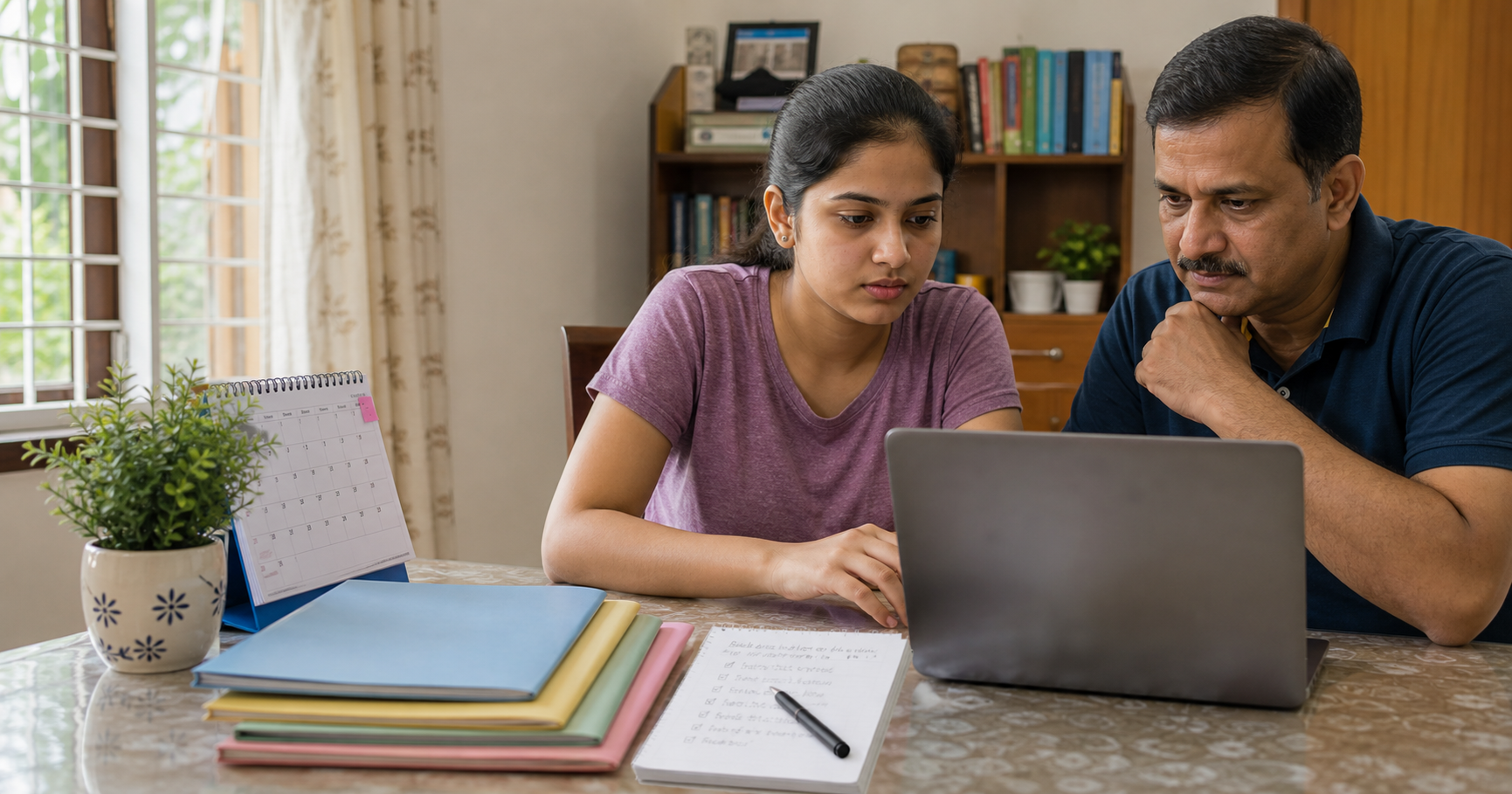 An Indian NEET UG candidate and her parent reviewing counselling choices, deadlines and documents together on a laptop