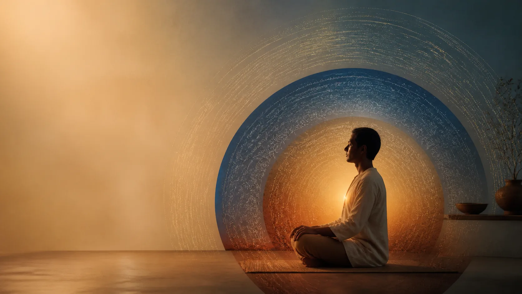 AI-generated conceptual illustration of an anonymous meditator surrounded by four overlapping zones representing body, mind, heart and turiya