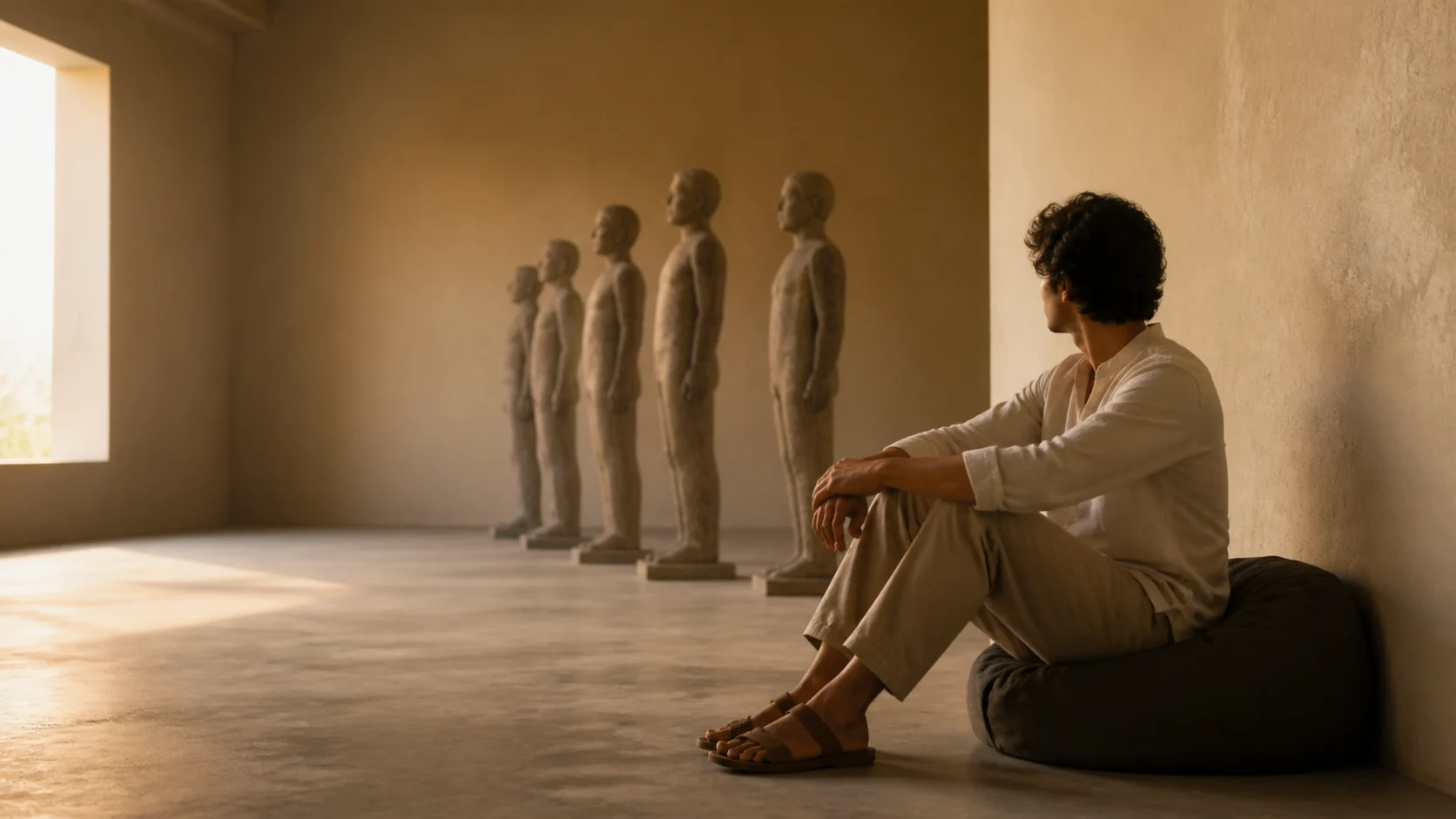 AI-generated conceptual editorial illustration of an anonymous Indian adult sitting naturally apart from a row of identical stone figures, representing self-acceptance over imitation