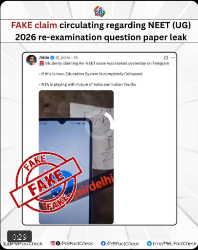 PIB Fact Check official graphic stamping the viral X post about a supposed NEET re-exam Telegram leak with a red FAKE seal