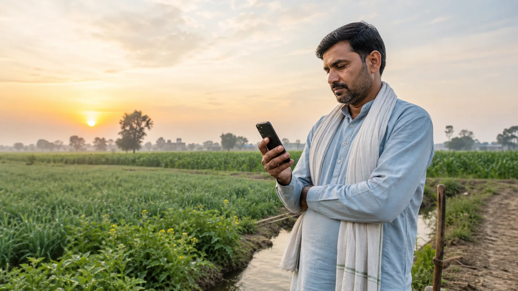AI-generated editorial illustration of an Indian farmer checking a generic smartphone beside a cultivated field at sunrise; not a photograph of a beneficiary or payment event