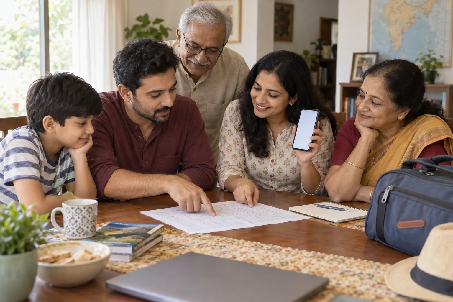 एआई-निर्मित संपादकीय चित्रण: कागजी समय-सारिणी और स्मार्टफोन के साथ ट्रेन यात्रा की योजना बनाता बहु-पीढ़ी भारतीय परिवार