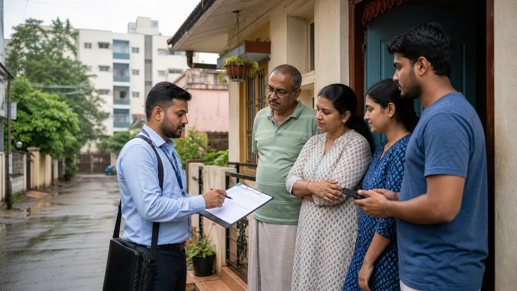AI-generated editorial scene of a Booth Level Officer explaining an electoral-roll verification form to an adult Karnataka household on a residential street