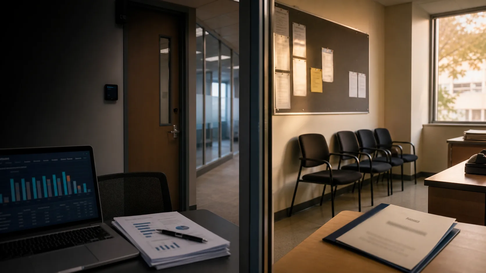 AI-generated editorial illustration of empty office chairs, a workforce-planning laptop and an Indian campus offer folder, representing reported AI-era restructuring affecting US employees and Indian entry-level hires; not a photograph of Oracle or a real campus