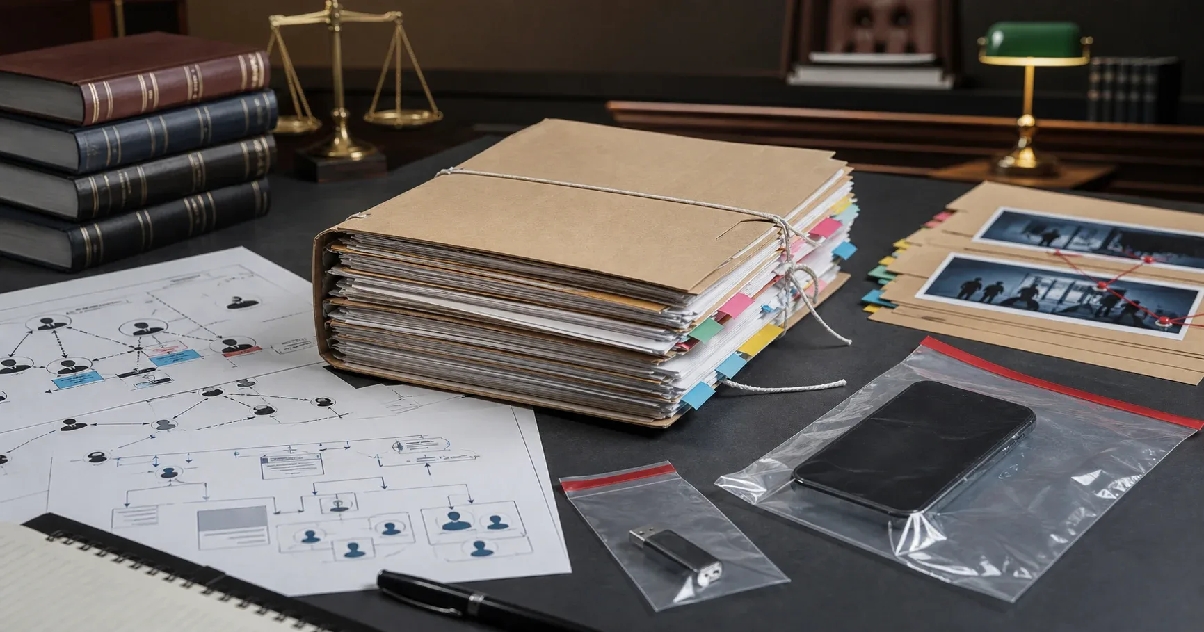 AI-generated editorial illustration of a thick legal evidence file, a phone and a digital network diagram