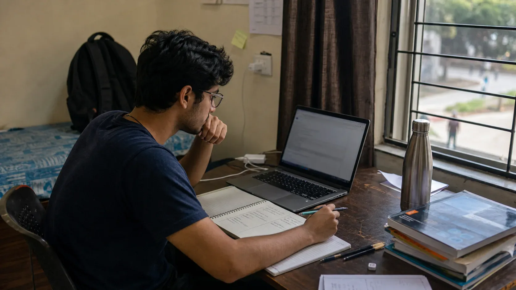 AI-generated editorial illustration of a generic Indian engineering student comparing a job-offer email and handwritten notes in a modest hostel room; not a real student or IIT campus