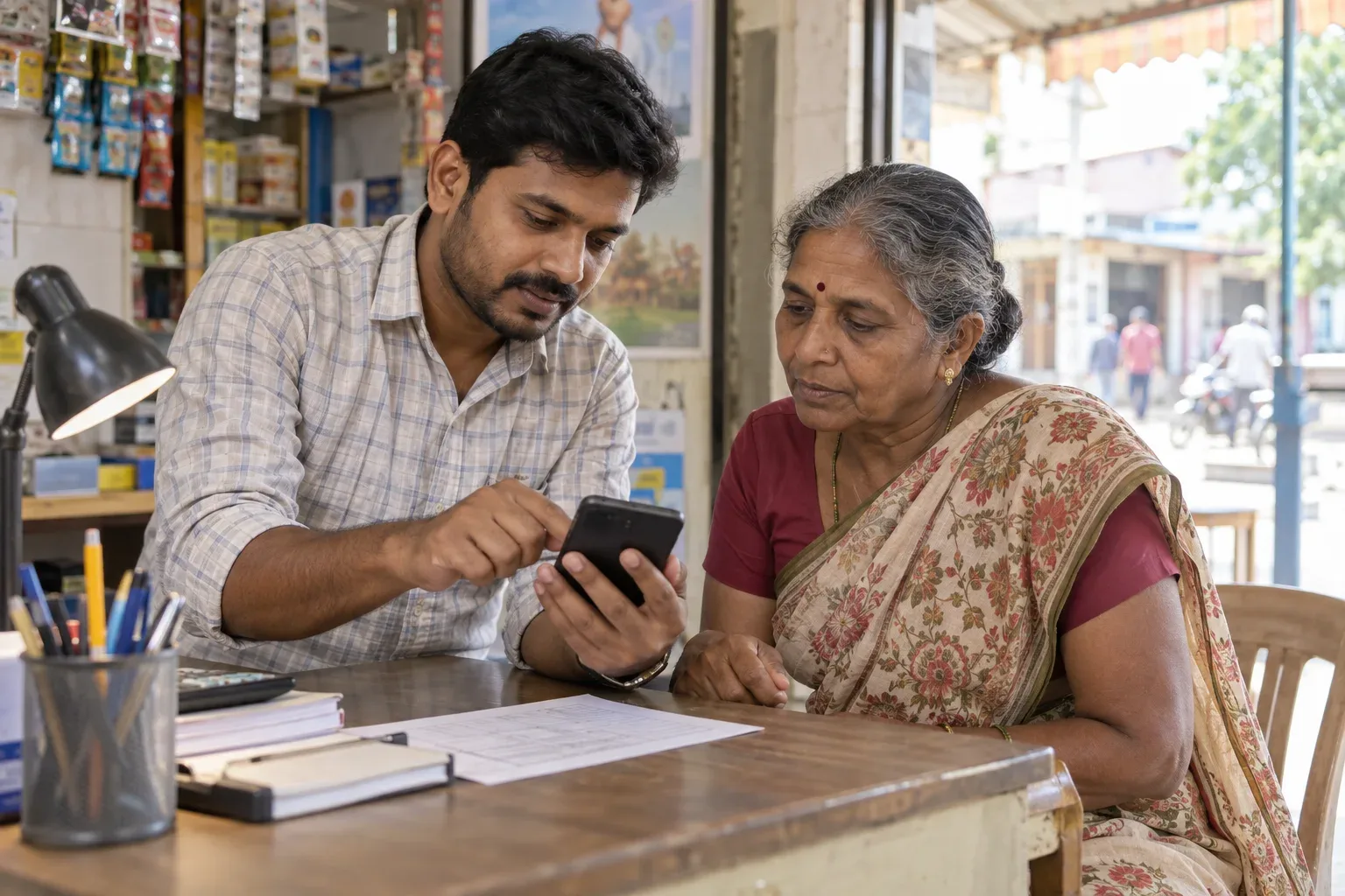 एआई-निर्मित संपादकीय चित्रण: छोटे शहर के सेवा डेस्क पर दुकानदार एक बुजुर्ग महिला को स्मार्टफोन चलाने में मदद करता है