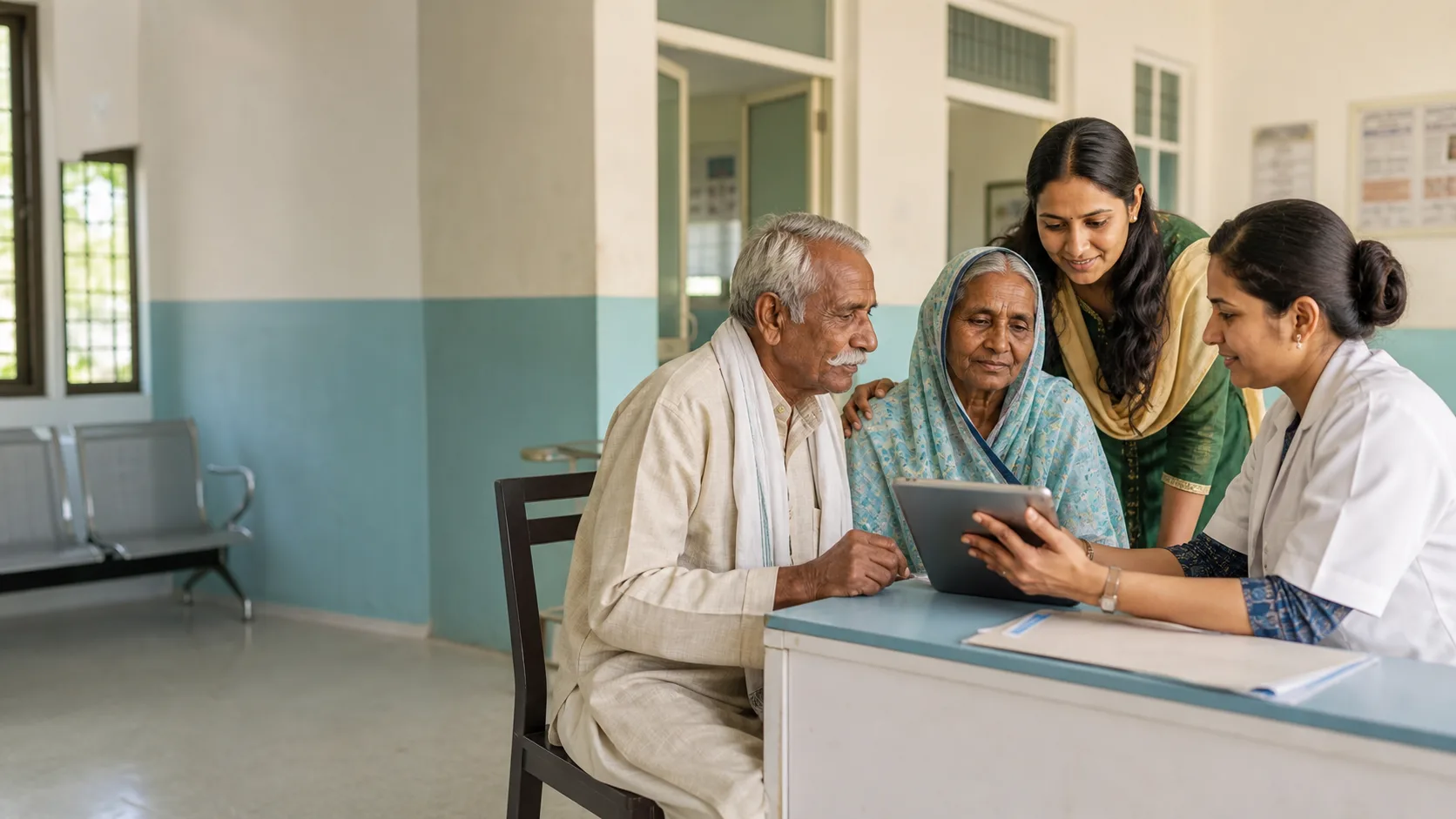 AI-generated conceptual editorial scene of an elderly rural Indian couple and their daughter reviewing health-benefit enrolment with a clinic worker