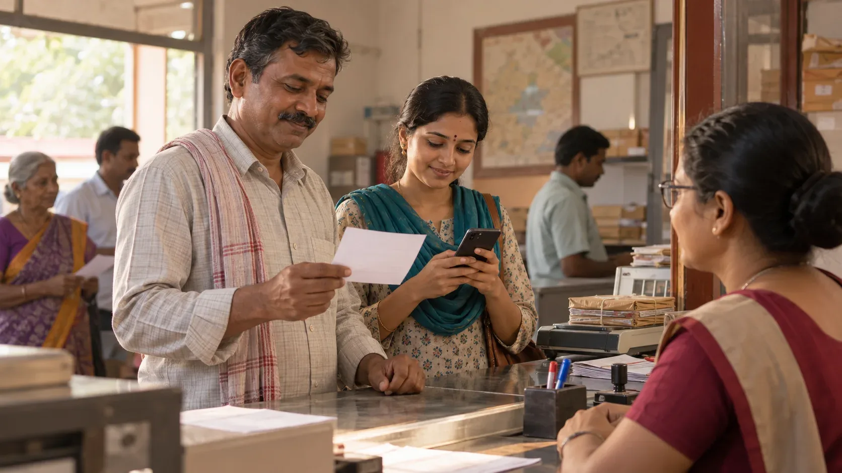 AI-generated editorial illustration of a family at a small Indian postal counter using a paper remittance receipt and a smartphone