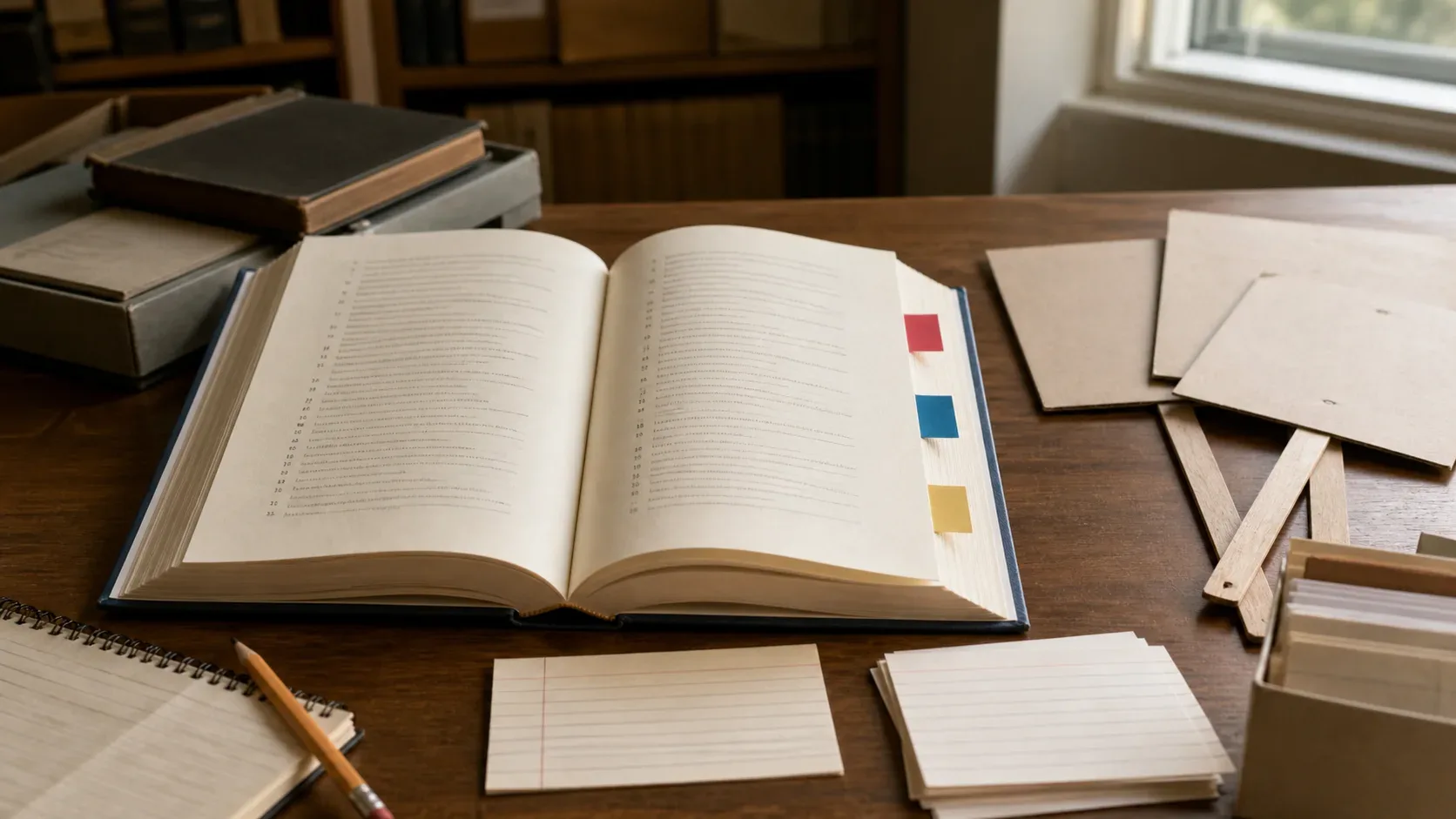AI-generated realistic editorial still-life of an open numbered reference book with three colored tabs, archival cards and blank protest placards