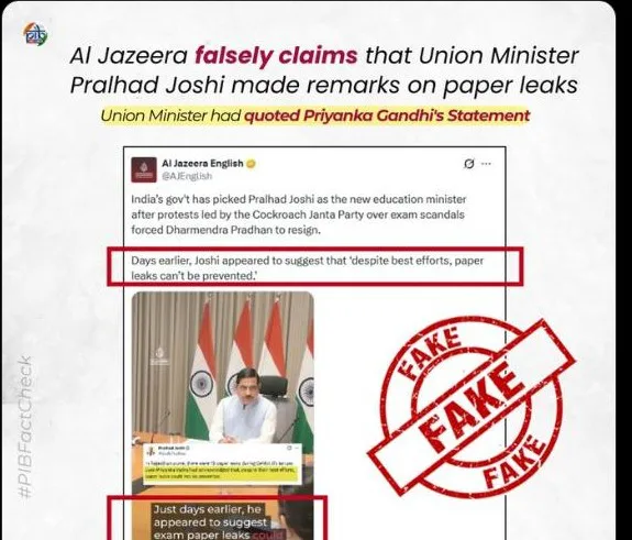 Screenshot of PIB Fact Check's official X post, showing Al Jazeera English's original claim that Pralhad Joshi suggested paper leaks can't be prevented, stamped FAKE, with text explaining he was quoting Priyanka Gandhi's remarks about paper leaks in Rajasthan