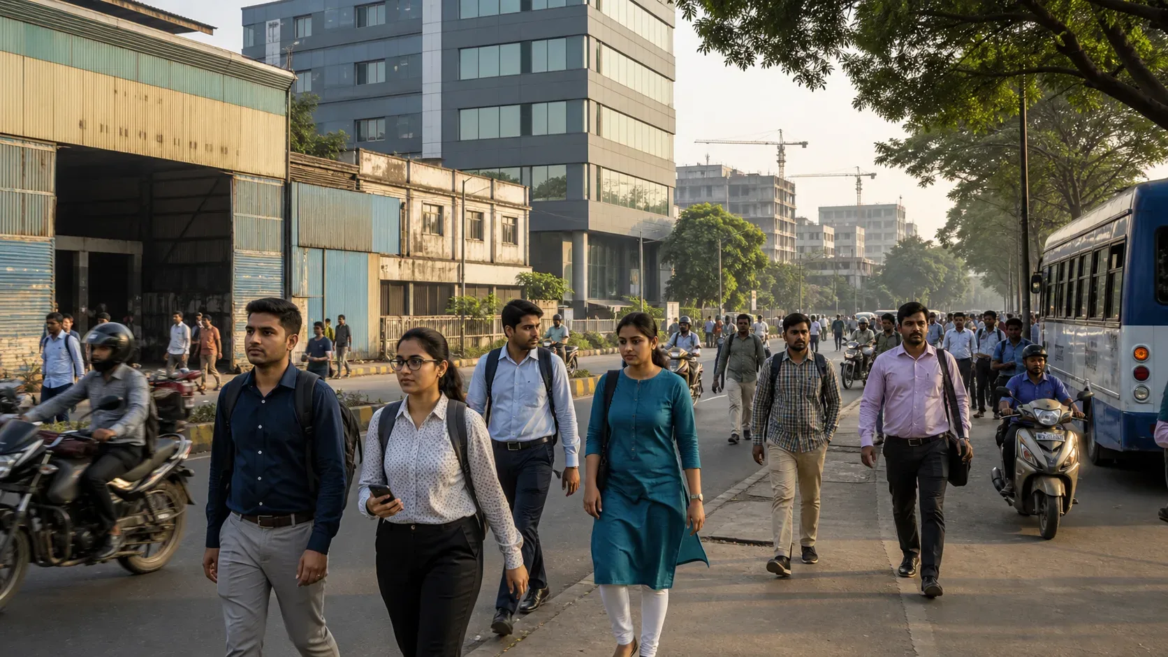 AI-निर्मित यथार्थवादी संपादकीय चित्र: सामान्य बढ़ते भारतीय शहर में कार्यालयों, कार्यशालाओं, बस और निर्माण के बीच काम पर जाते लोग; यह असली सूचीबद्ध शहर या भर्ती कार्यक्रम नहीं है