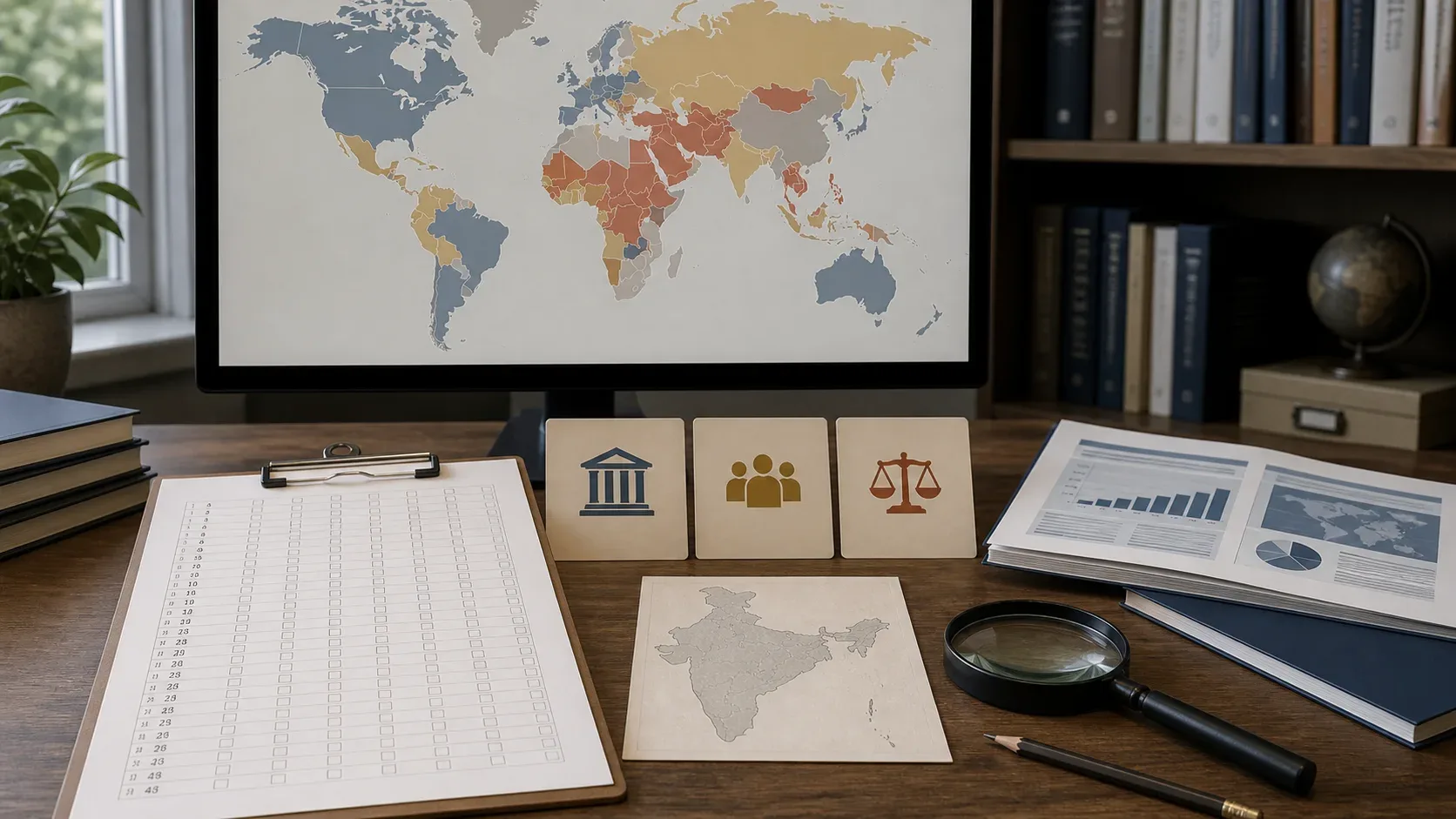 AI-generated realistic editorial still-life of a qualitative methodology checklist, three pillar cards, an India map card and comparative reports; not an official HRF graphic