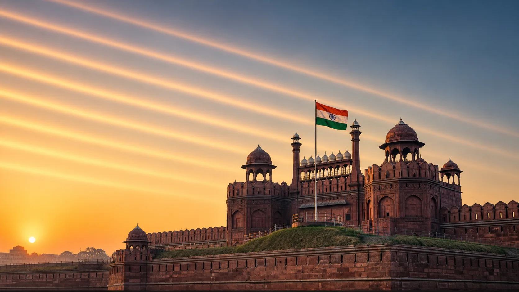 AI-generated editorial illustration of the Red Fort at sunrise with seven symbolic light bands; not a photograph of the 2026 ceremony